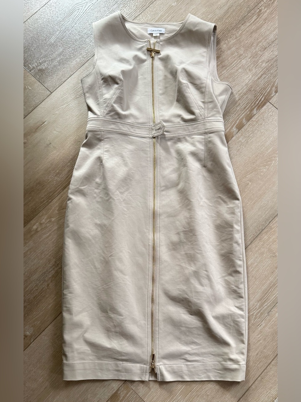 Calvin Klein Cream Sleeveless Zip-Front Midi Sheath Dress
